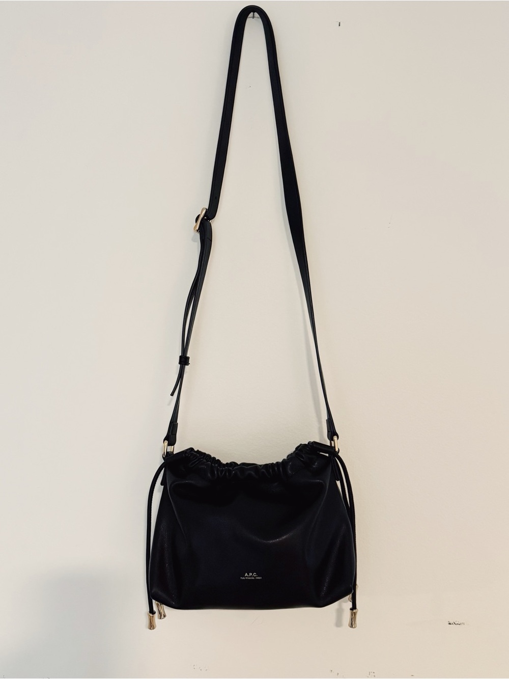 A.P.C. Ninon Crossbody Bag with Gold Hardware. Black Leather Drawstring - Picture 3 of 8